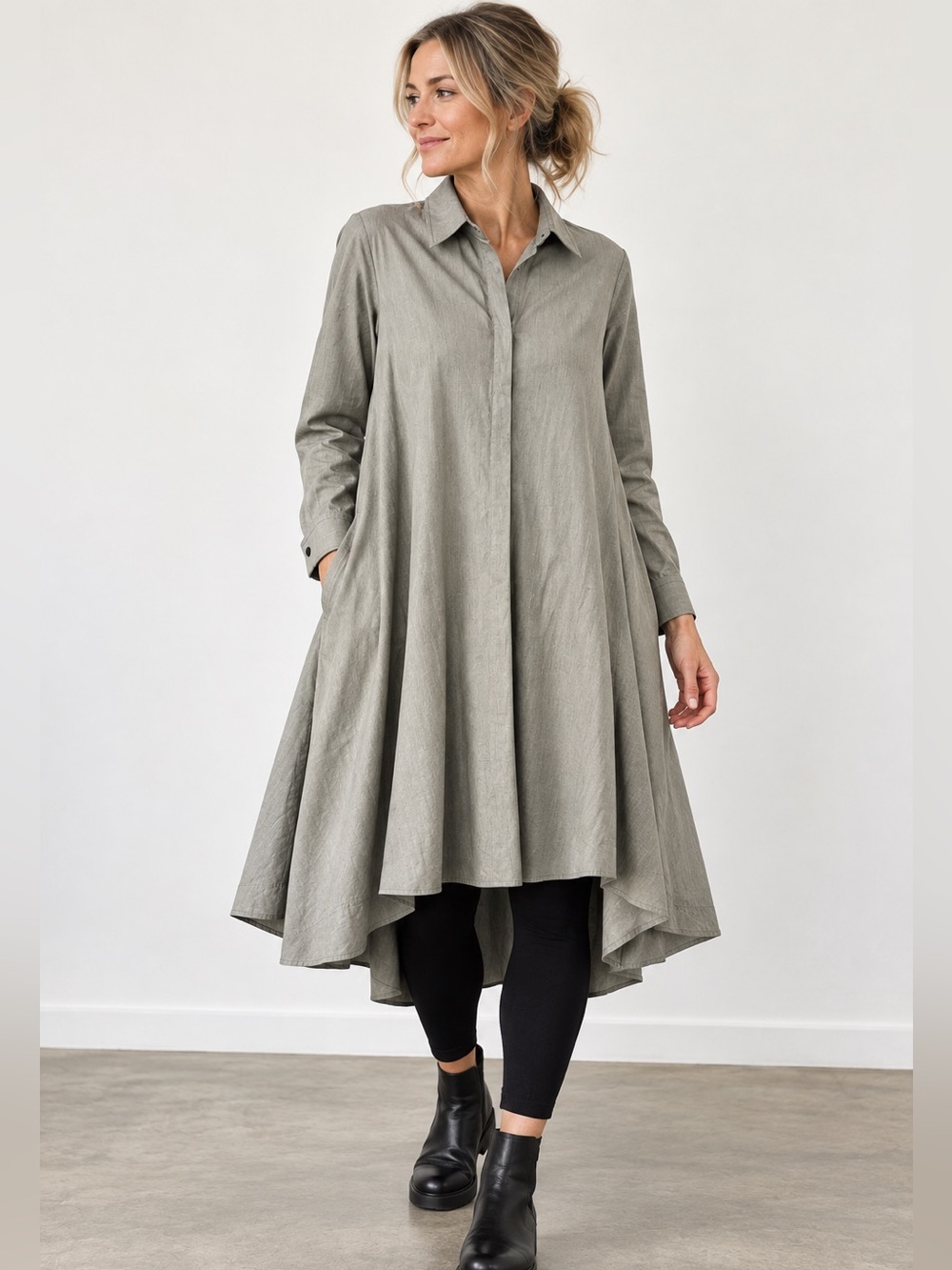 Comfy USA Gray Swing Tunic Shirt Dress M Lagenlook Back Zip Made in USA
